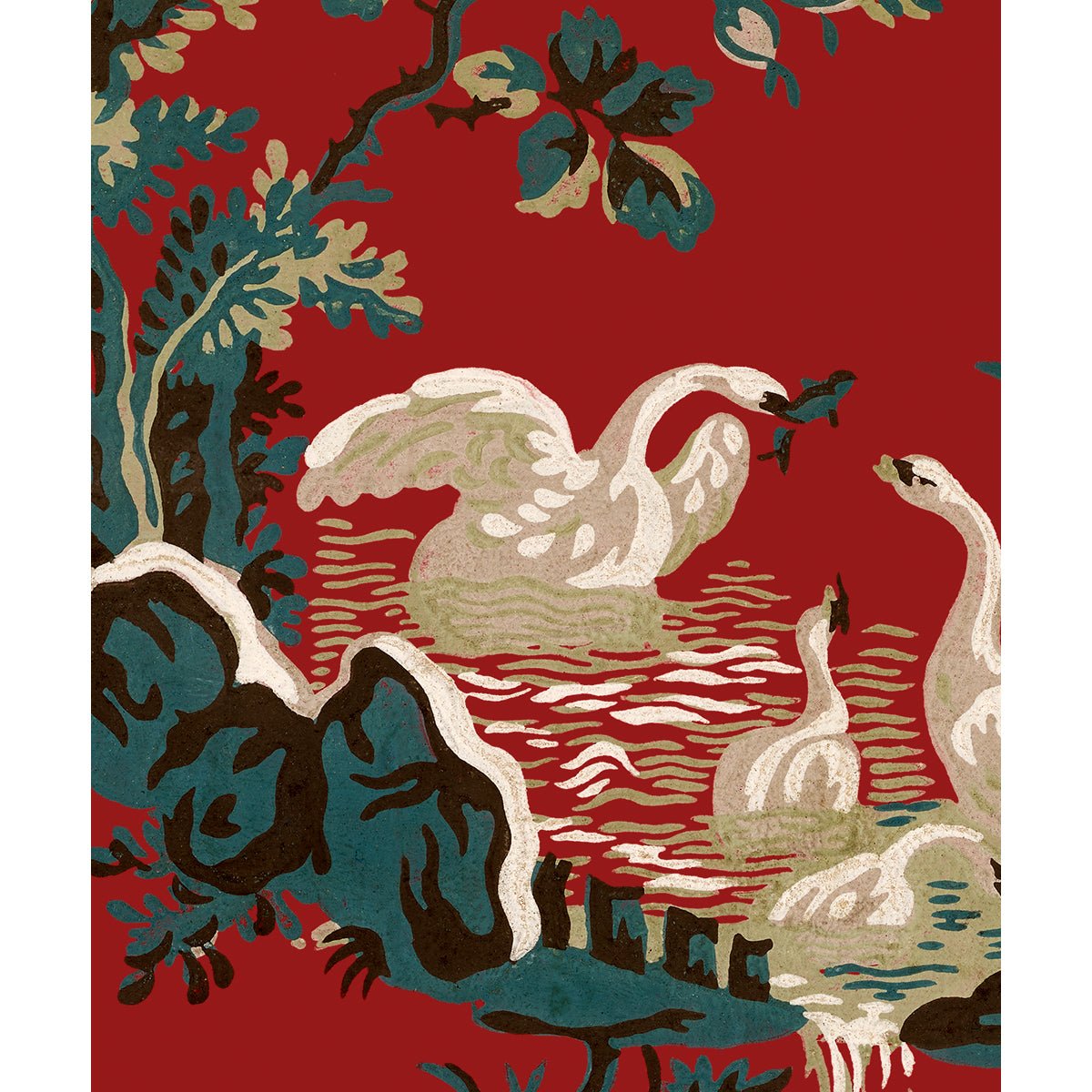 Tapet Flowers and Swans - Original Red - Tapetorama