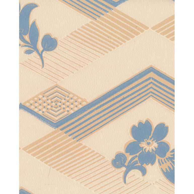 Vintagetapet Blå blomma i vit romb - Tapetorama