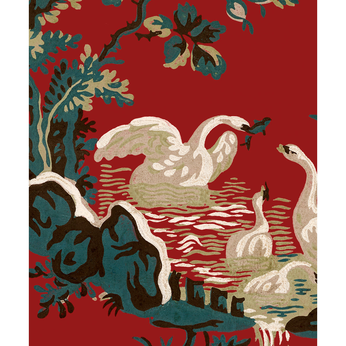 Tapet Flowers and Swans - Original Red