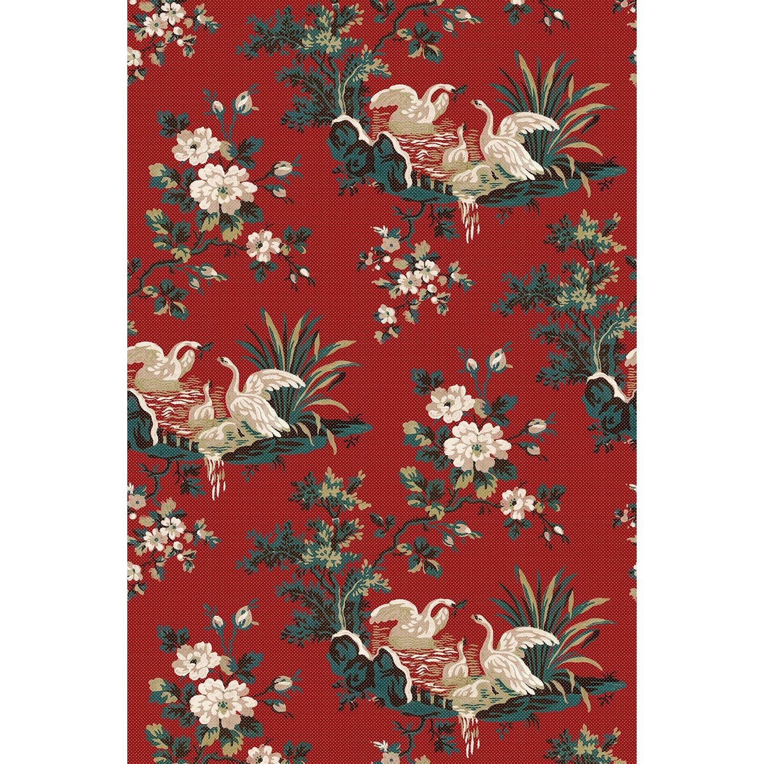 Tapet Flowers and Swans - Original Red - Tapetorama