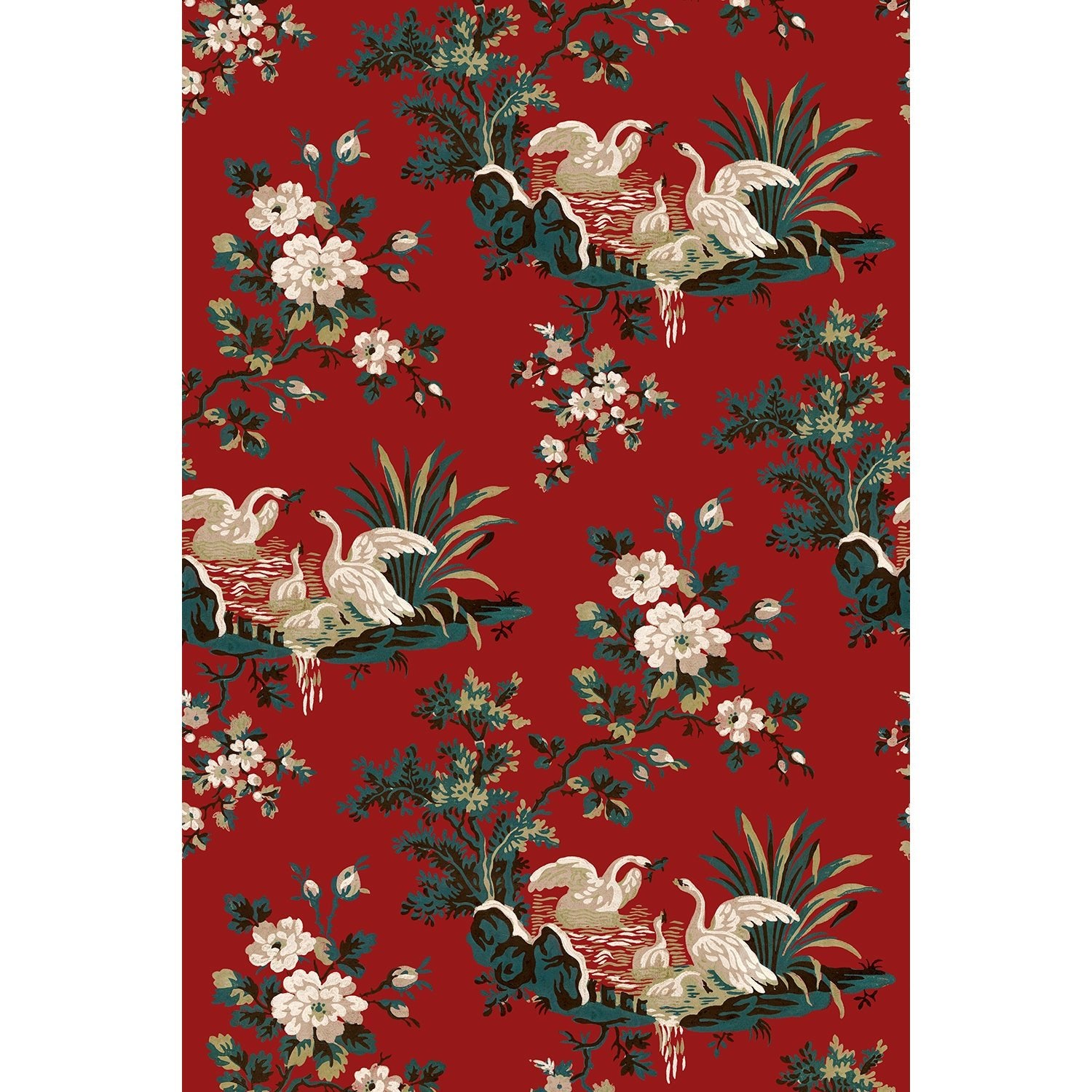 Tapet Flowers and Swans - Original Red - Tapetorama