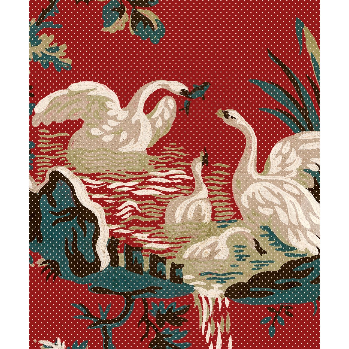 Tapet Flowers and Swans - Original Red - Tapetorama